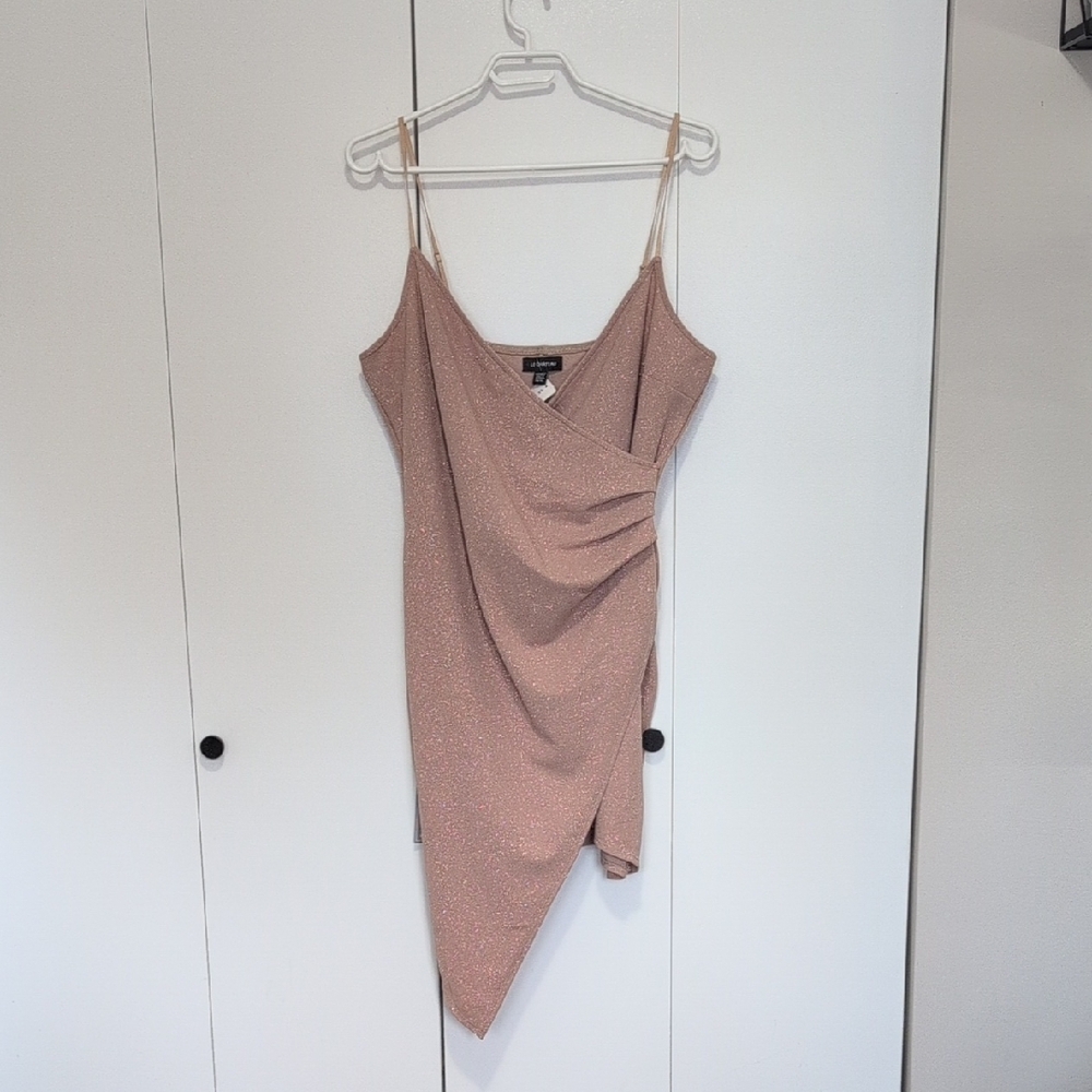Le Chateau Nude Sparkly Asymmetrical Ruched Bodycon Dress